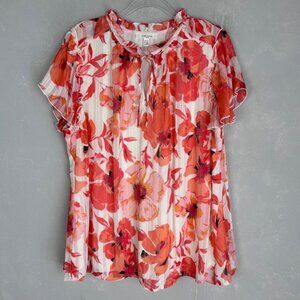 Haver and Blair plus size 2X blouse chiffon ruffle sleeve white orange floral